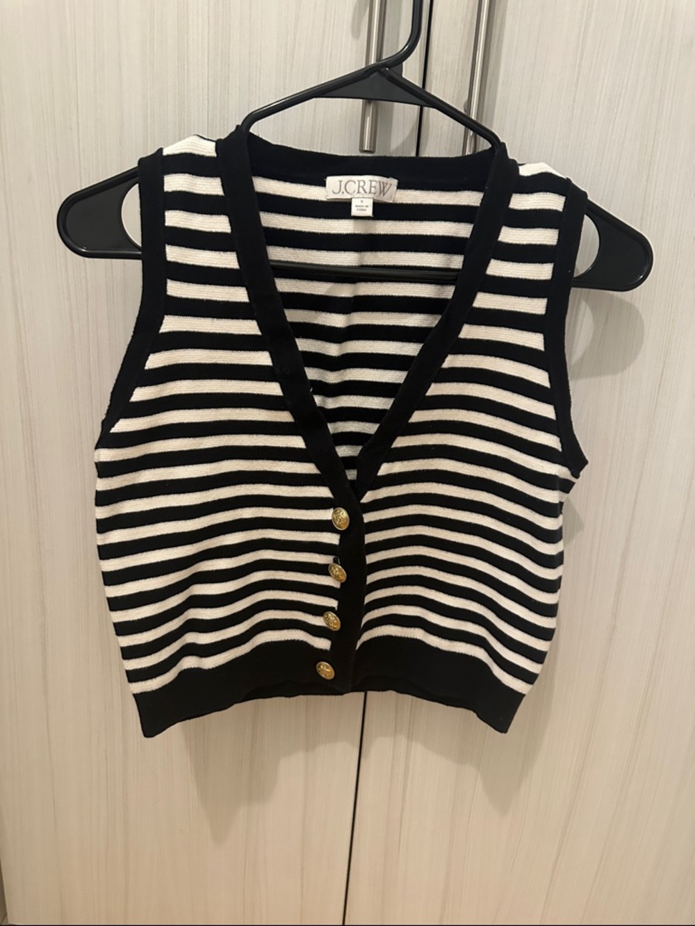 J. Crew Navy and White Striped Knit Vest with Gold Buttons